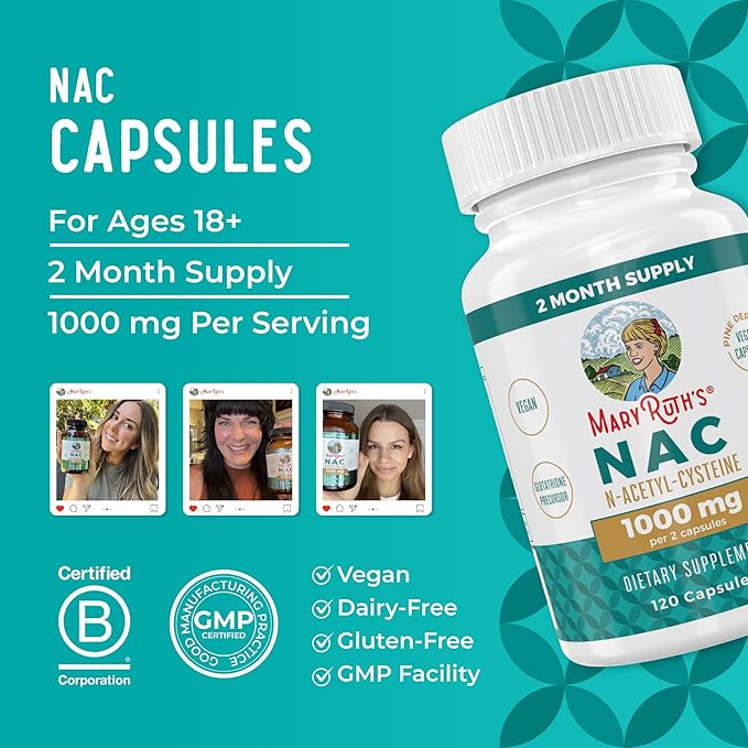MaryRuth's NAC Supplement N-Acetyl Cysteine | 2 Month Supply | NAC 1000mg per Serving | Vegan Capsules | Gluthamine Precursor | Amino Acid | Non-GMO | Gluten Free | 120 Count | 60 Servings