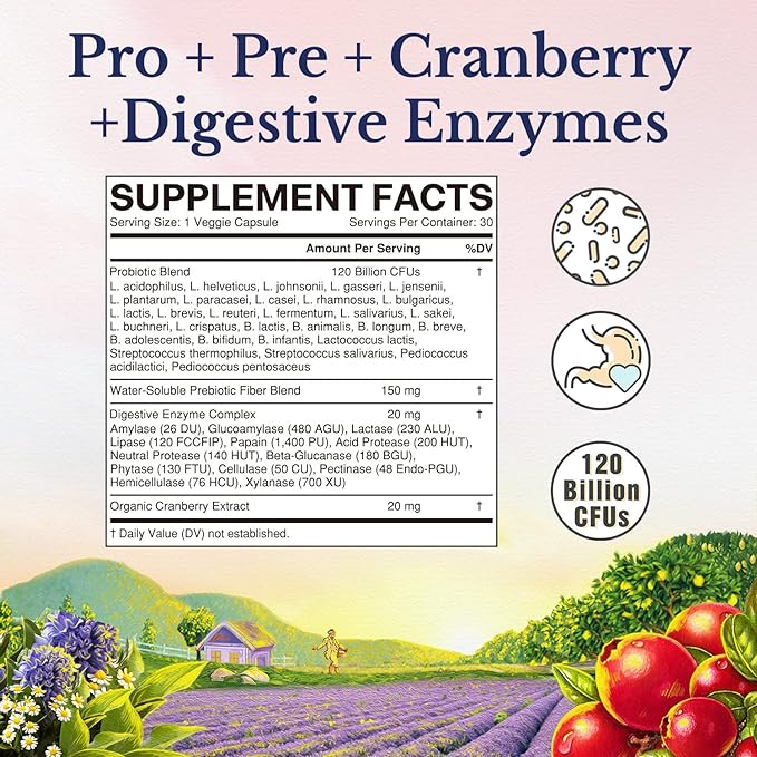 Vitalitown Women's Probiotics 120 Billion CFUs 1 Daily, 30 Strains, with Prebiotics & Digestive Enzymes & Cranberry, Gut & Vaginal Health, Vegan 60 Delayed Release Caps