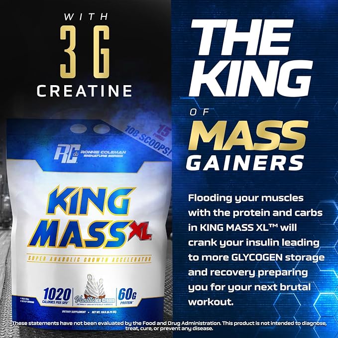 Ronnie Coleman Signature Series King Mass XL Mass Gainer Protein Powder, Muscle Gainer, 60g Protein, 180g Carbohydrates, 1,000+ Calories, Creatine and Glutamine, Vanilla Ice Cream, 15 Pound