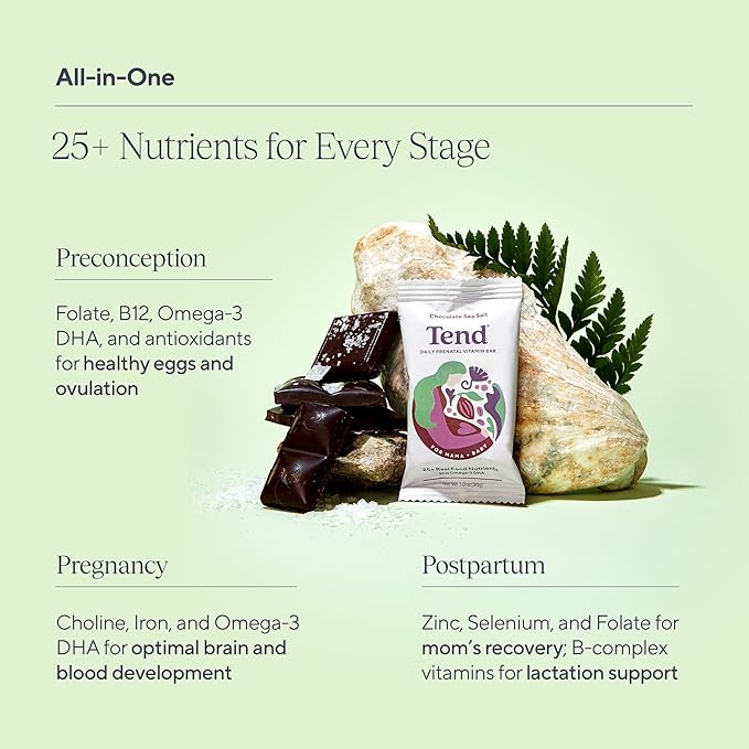 Tend Daily Best Prenatal Vitamin Bar, Made with Organic Ingredients for Pregnant & Postpartum Mothers, Includes DHA, Vitamin D, B, Choline, Folate - Chocolate Sea Salt (7ct)