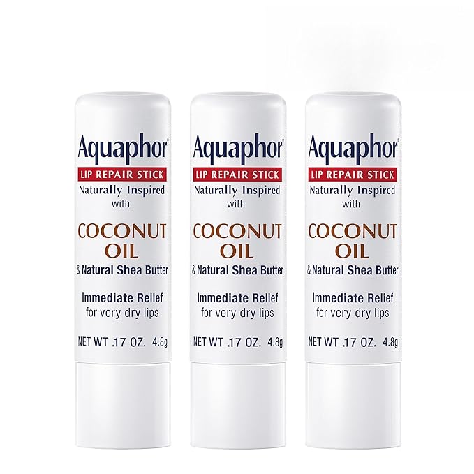Aquaphor Naturally Inspired Lip Repair Stick with Coconut Oil and Natural Shea Butter, Hydrating Lip Balm Immediately Relieves Dryness and Soothes Chapped Lips, 0.17 Oz Stick, Pack of 3