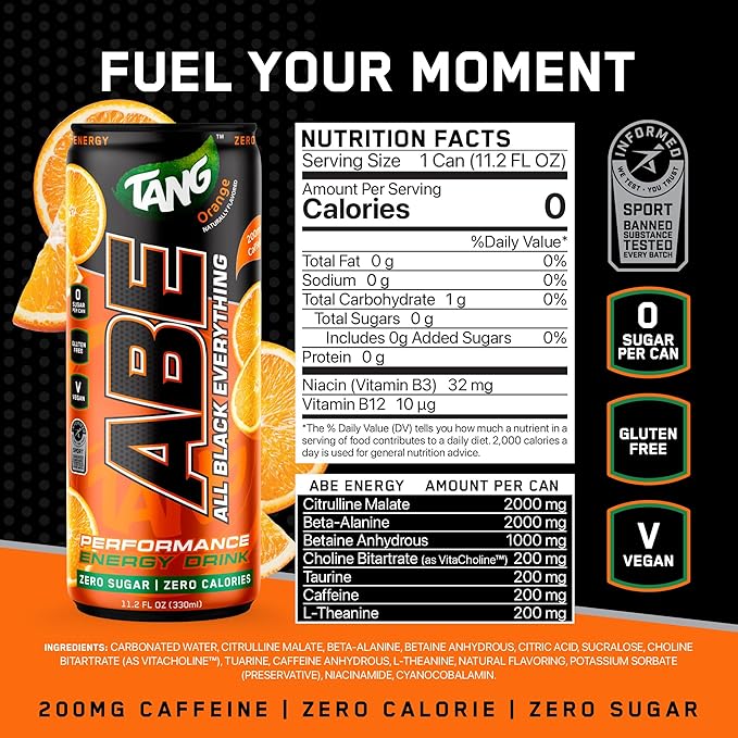 All Black Everything Sugar Free Energy Drink | TANG Orange | 0 Calories | 12 Pack | 200mg Natural Caffeine | Pre-Workout Sport Drink for Men and Women