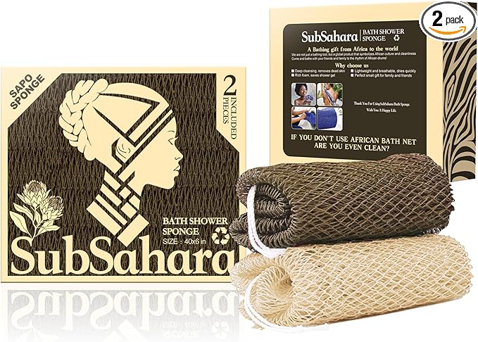 SubSahara Authentic African Net Sponge - 2 Pieces Exfoliating Scrubber for All Skin Types, Bath Sponge for Face & Body, Travel Portable, Durable, Gentle Exfoliation (Linen & Brown)