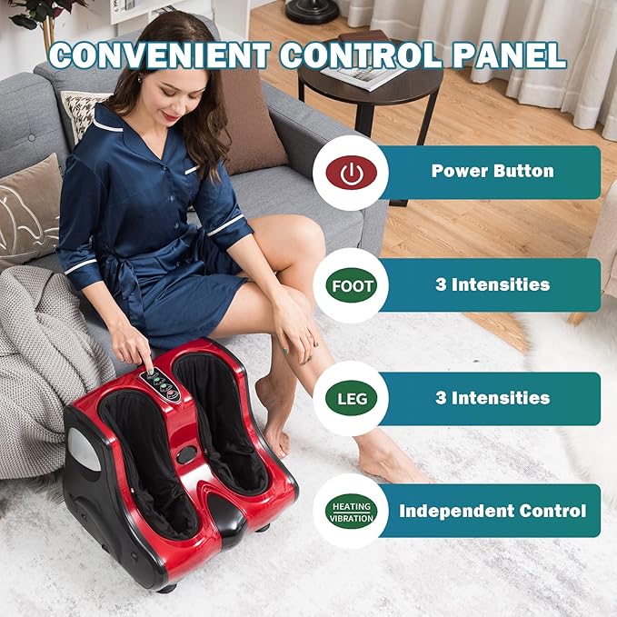 Giantex Foot and Calf Massager with Heat - Shiatsu Foot Massager Machine with Vibration, Deep Kneading, 3-Level Intensity Modes, Electric Foot Massager for Tired Feet, Leg, Calf Pain Relief (Red)