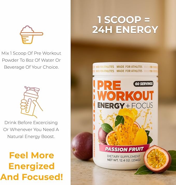 About Time Pre Workout Energy + Focus, Passion Fruit | 60mg Caffeine from Green Tea, Natural Flavors, No Jitters or Crashes, No Stim, Gluten Free, Sugar Free, 60 Servings