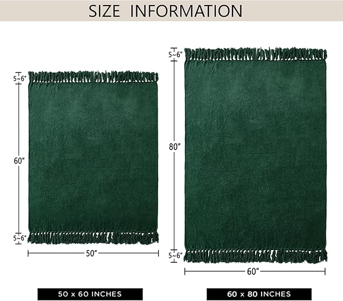 Chenille Throw Blanket for Couch 60"X 80" Twin, Soft Cozy Throws with Fringe Tassel for Bed Sofa Chair Cover, Lightweight Knitted Decorative Boho Blankets for Living Room, Dark Green