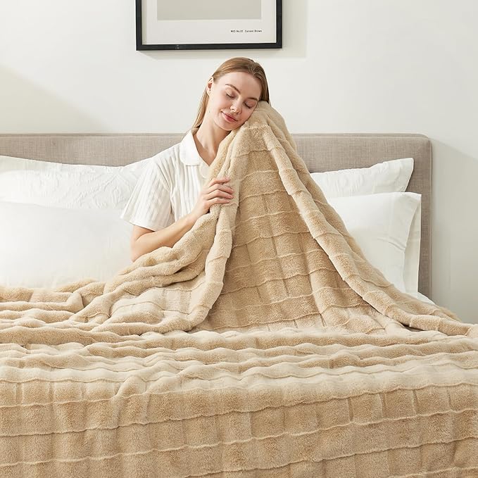 Cozy Bliss Fluffy Faux Fur Throw Blanket for Couch,Lightweight Cozy Soft Beige Throw Blankets for Sofa Bed Living Room,60x80 Inches