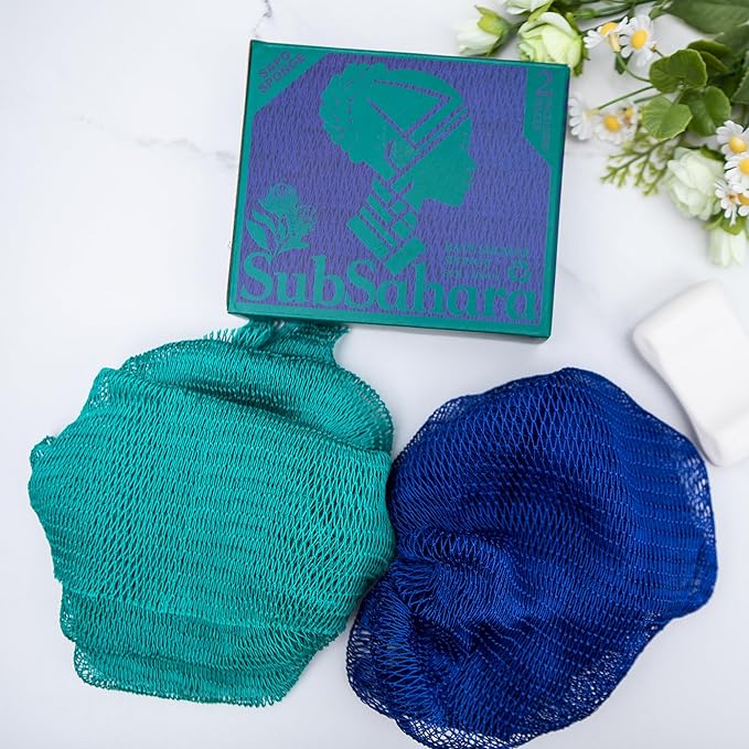 SubSahara Authentic African Net Sponge - 2 Pieces Exfoliating Scrubber for All Skin Types, Bath Sponge for Face & Body, Travel Portable, Durable, Gentle Exfoliation (Dark Blue & Forest Green)