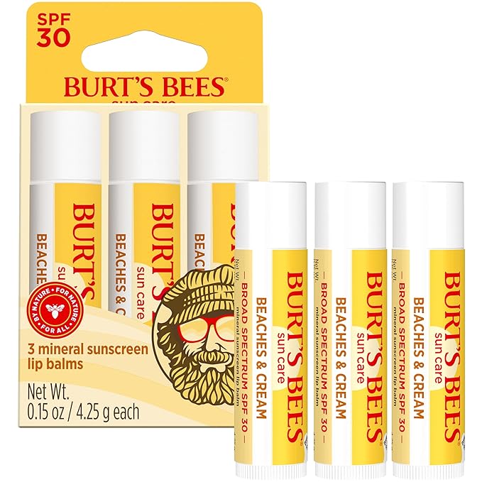 Burt’s Bees SPF 30 Lip Balm, Beaches and Cream, Water-Resistant Sun Care, Nano-Free Zinc Oxide Formula, Natural Origin Conditioning Lip Treatment, 3 Tubes, 0.15 oz.