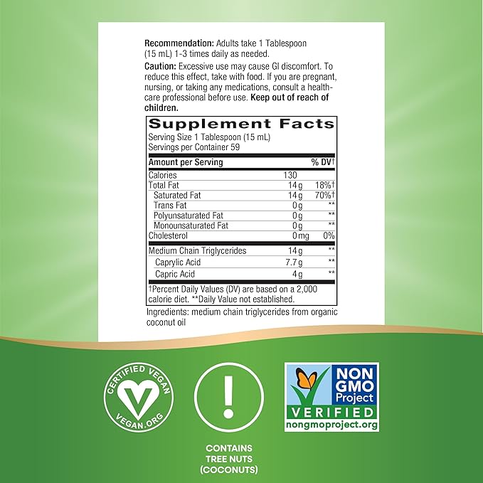 Nature's Way Organic MCT Oil, 30 Fl Oz, Brain and Body Fuel from Coconuts*, C8 Caprylic Acid and C10 Capric Acid, Keto and Paleo Certified, Organic, Non-GMO Project Verified