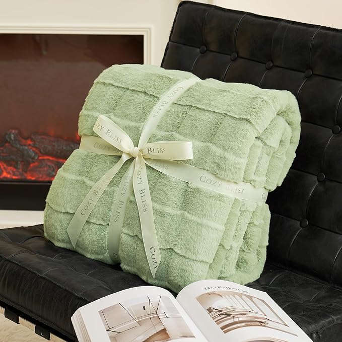 Cozy Bliss Fluffy Faux Fur Throw Blanket for Couch,Lightweight Cozy Soft Green Throw Blankets for Sofa Bed Living Room,60x80 Inches