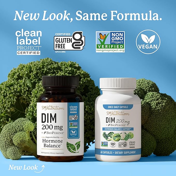 DIM Supplement 200 mg | Estrogen Balance for Women & Men | Hormonal Acne, Hormone Balance, Menopause & Antioxidant Support | Clean Label Project Certified, Vegan & Soy Free Diindolylmethane | 60 Ct.