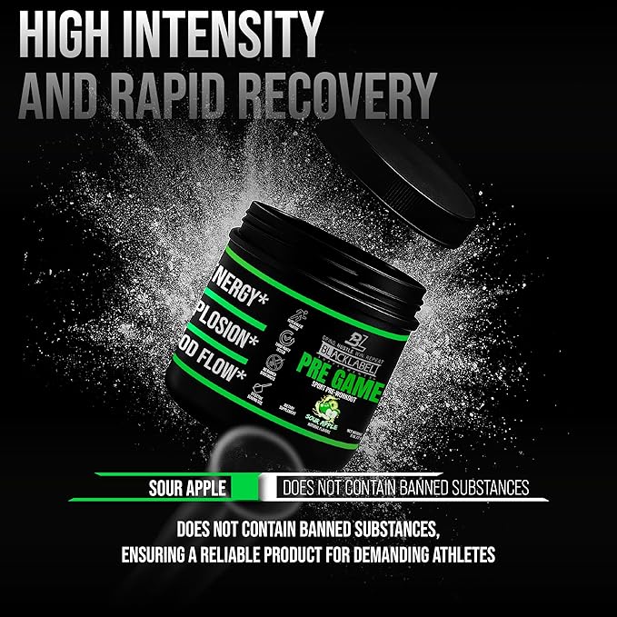 BLACKLABEL Supplements PRE-Game Pre Workout Powder, Sour Apple (40 Servings) – NSF Certified for Sport – Customizable 150mg Caffeine for Energy and Focus – Low-Stimulant Pre Workout for Men and Women
