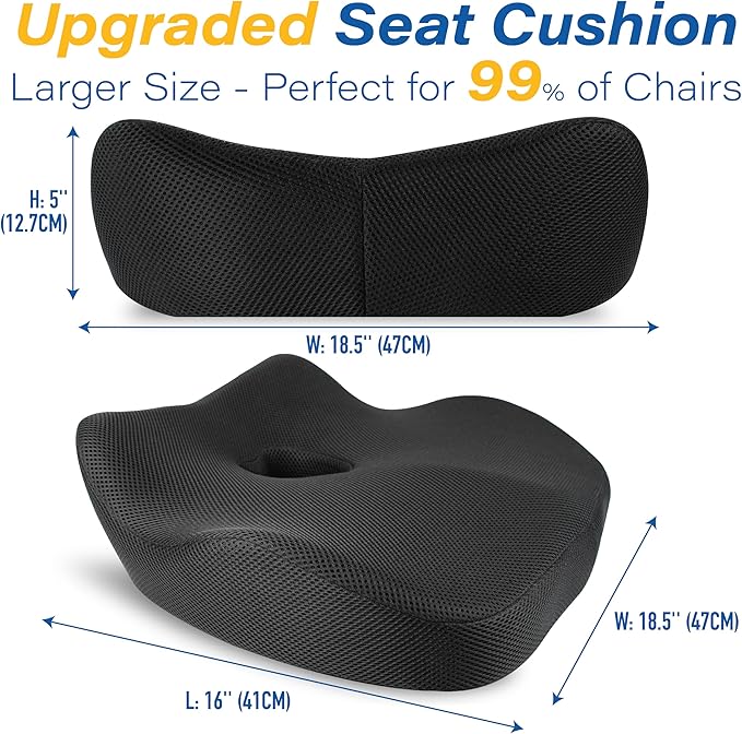 Car Seat Cushion, Ergonomic Memory Foam Car Cushion for Sciatica Pain Relief, Larger Driving Seat Pillow for Short Drivers on Long Drives - Butt Pillow for Truck, Office, Wheelchair - Classic Black