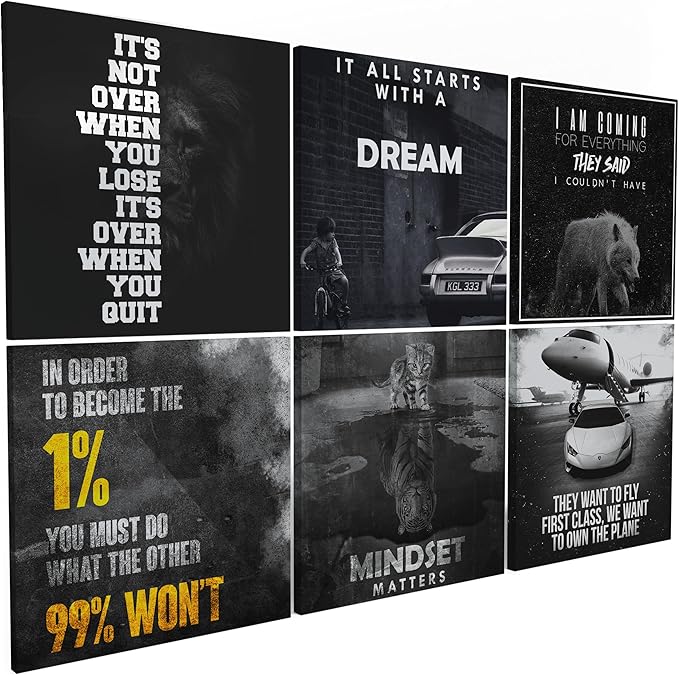 6X Motivational canvas, wall art for bedroom and office, inspirational black and white canvas poster, motivational poster set, decor bundle for home, wall pictures for living room (6x - 16 X 16 in)