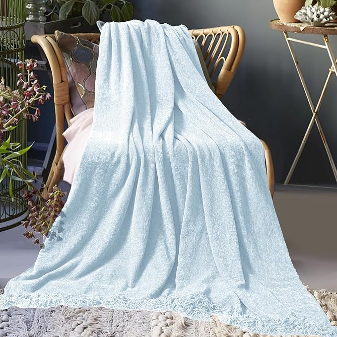 Chenille Throw Blanket for Couch 60"X 80" Twin, Soft Cozy Throws with Fringe Tassel for Bed Sofa Chair Cover, Lightweight Knitted Decorative Boho Blankets for Living Room, Light Blue