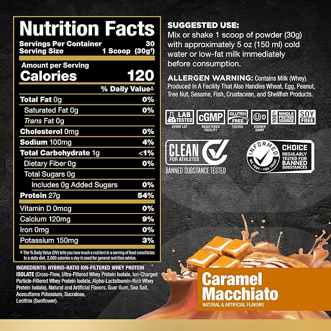 ALLMAX Nutrition ISOFLEX Whey Protein Isolate, Caramel Macchiato - 2 lb - 27 Grams of Protein Per Scoop - Zero Fat & Sugar - 99% Lactose Free - Gluten Free & Soy Free - Approximate 30 Servings