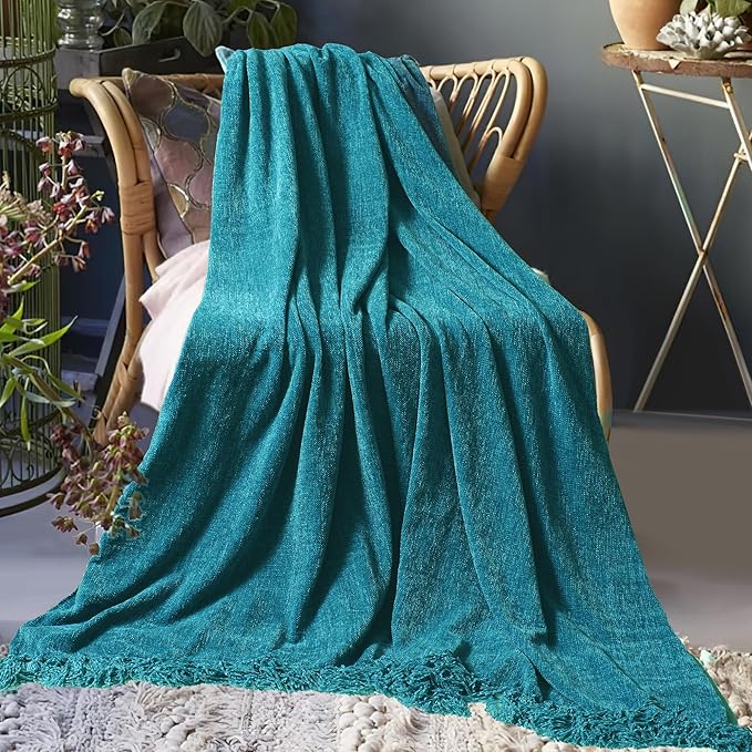 Chenille Throw Blanket for Couch 60"X 80" Twin, Soft Cozy Throws with Fringe Tassel for Bed Sofa Chair Cover, Lightweight Knitted Decorative Boho Blankets for Living Room, Teal