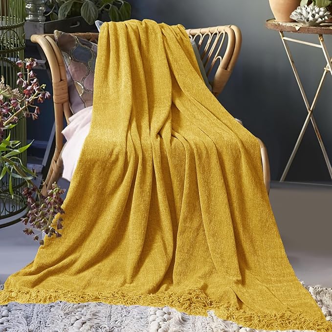 Chenille Throw Blanket for Couch 50"X 60", Soft Cozy Throws with Fringe Tassel for Bed Sofa Chair Cover, Lightweight Knitted Decorative Boho Blankets for Living Room, Yellow
