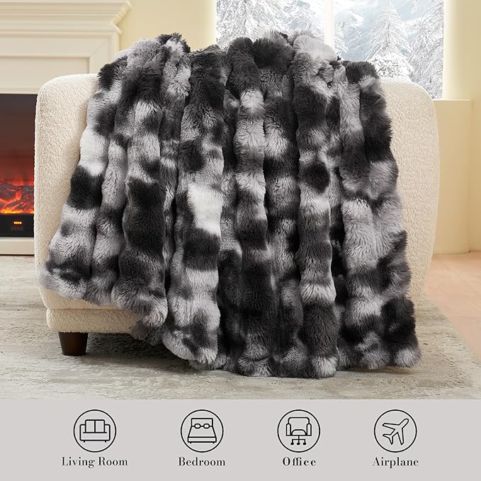 Amélie Home Faux Fur Throw Blanket for Couch, Fuzzy Soft Plush Thick Bubble Blanket for Sofa Bedroom Living Room, 60"x80" Inches, Tie-dye Black