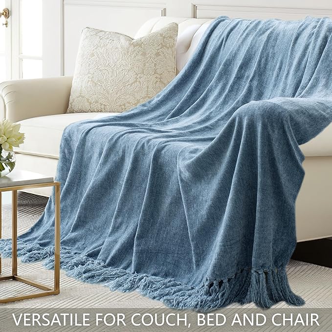Chenille Throw Blanket for Couch 50"X 60", Soft Cozy Throws with Fringe Tassel for Bed Sofa Chair Cover, Lightweight Knitted Decorative Boho Blankets for Living Room, Dusty Blue