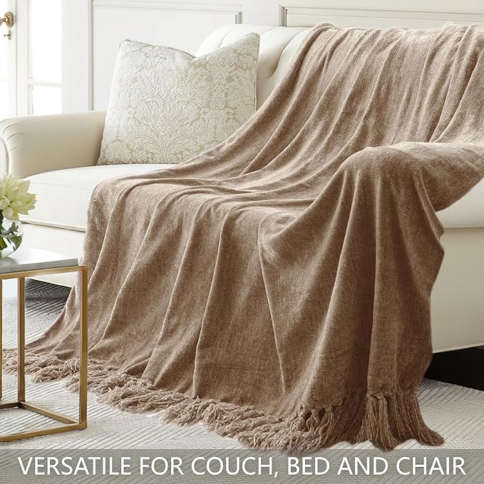 Chenille Throw Blanket for Couch 50"X 60", Soft Cozy Throws with Fringe Tassel for Bed Sofa Chair Cover, Lightweight Knitted Decorative Boho Blankets for Living Room, Taupe