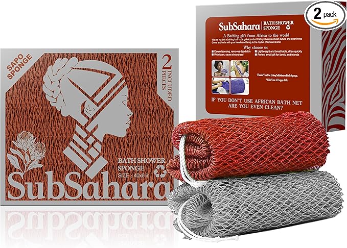 SubSahara Authentic African Net Sponge - 2 Pieces Exfoliating Scrubber for All Skin Types, Bath Sponge for Face & Body, Travel Portable, Durable, Gentle Exfoliation (Gray & Rust Red)