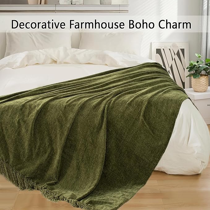 Chenille Throw Blanket for Couch 60"X 80" Twin, Soft Cozy Throws with Fringe Tassel for Bed Sofa Chair Cover, Lightweight Knitted Decorative Boho Blankets for Living Room, Olive Green