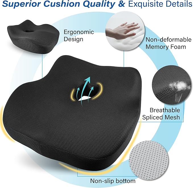 Car Seat Cushion, Ergonomic Memory Foam Car Cushion for Sciatica Pain Relief, Larger Driving Seat Pillow for Short Drivers on Long Drives - Butt Pillow for Truck, Office, Wheelchair - Classic Black