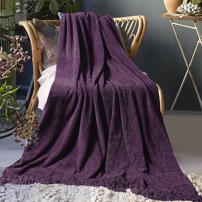 Chenille Throw Blanket for Couch 60"X 80" Twin, Soft Cozy Throws with Fringe Tassel for Bed Sofa Chair Cover, Lightweight Knitted Decorative Boho Blankets for Living Room, Dark Purple