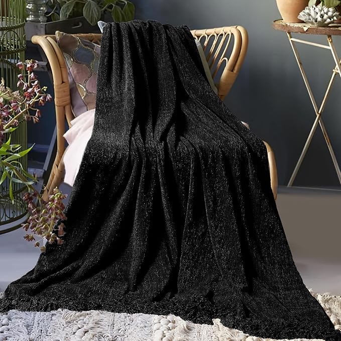 Chenille Throw Blanket for Couch 50"X 60", Soft Cozy Throws with Fringe Tassel for Bed Sofa Chair Cover, Lightweight Knitted Decorative Boho Blankets for Living Room, Black