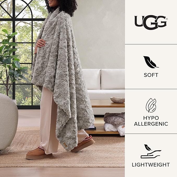 UGG Adalee Faux Fur Throw Blanket Luxury Lightweight Cozy Soft Throw for Couch Bed or Chair Hypoallergenic Machine Washable Double-Sided Fluffy Blanket Home Decor, 50-inch x 70-inch, Seal Grey