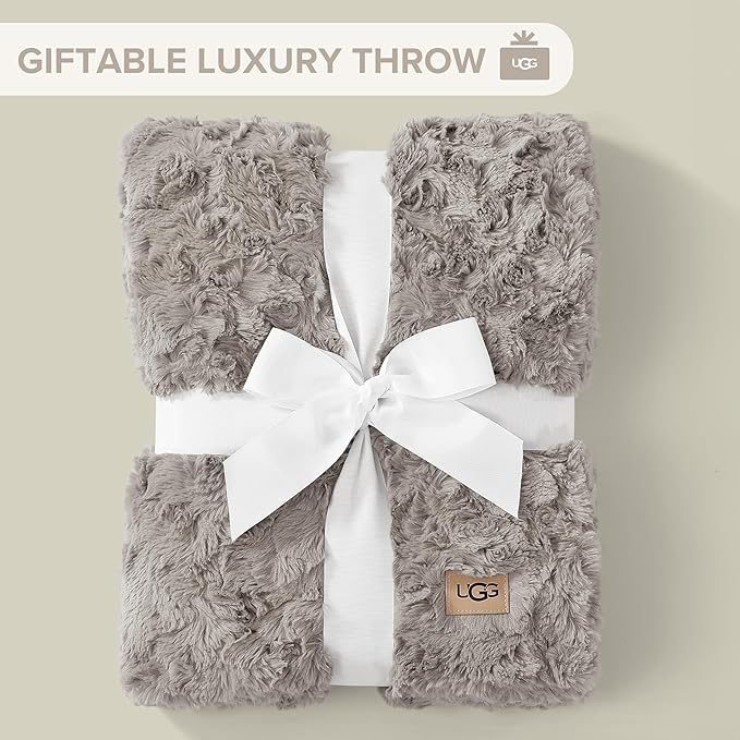 UGG Adalee Faux Fur Throw Blanket Luxury Lightweight Cozy Soft Throw for Couch Bed or Chair Hypoallergenic Machine Washable Double-Sided Fluffy Blanket Home Decor, 50-inch x 70-inch, Seal Grey