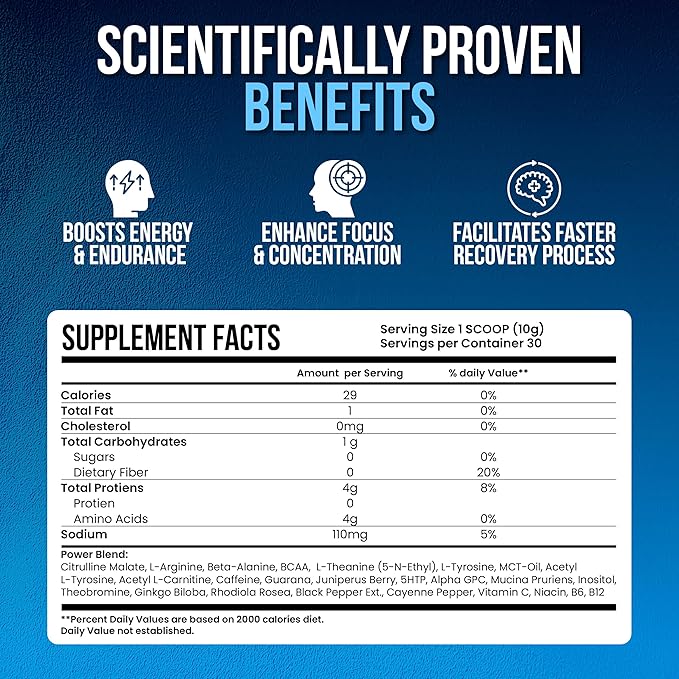 Oneshot Pre Workout Powder for Men and Women - BCAAS Amino Acids Supplement Powder, 200mg Caffeine, Beta Alanine Powder, Citrulline Malate Preworkout Powder - Blue Razz - 30 Servings