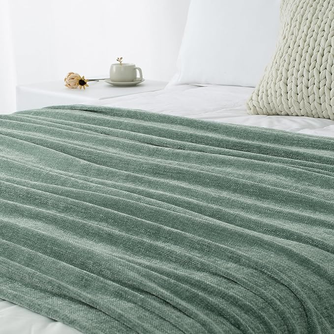 Chenille Throw Blanket for Couch 60"X 80" Twin, Soft Cozy Throws with Fringe Tassel for Bed Sofa Chair Cover, Lightweight Knitted Decorative Boho Blankets for Living Room, Sage Green