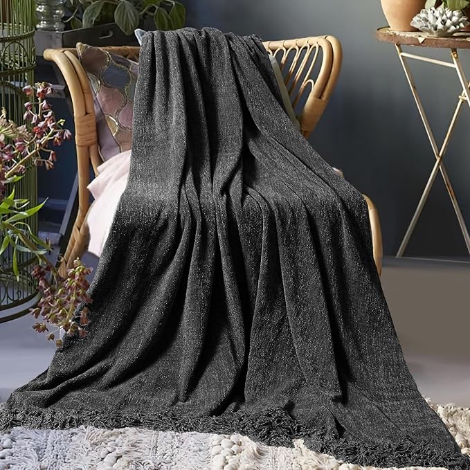 Chenille Throw Blanket for Couch 60"X 80" Twin, Soft Cozy Throws with Fringe Tassel for Bed Sofa Chair Cover, Lightweight Knitted Decorative Boho Blankets for Living Room, Dark Grey