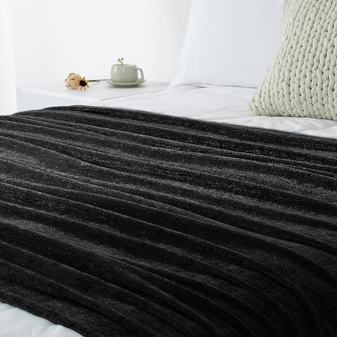 Chenille Throw Blanket for Couch 50"X 60", Soft Cozy Throws with Fringe Tassel for Bed Sofa Chair Cover, Lightweight Knitted Decorative Boho Blankets for Living Room, Black