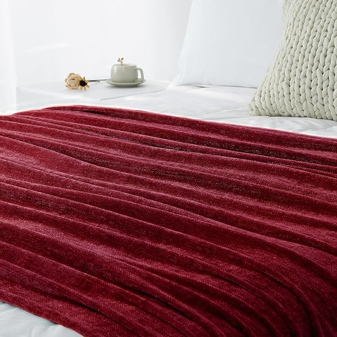 Chenille Throw Blanket for Couch 60"X 80" Twin, Soft Cozy Throws with Fringe Tassel for Bed Sofa Chair Cover, Lightweight Knitted Decorative Boho Blankets for Living Room, Red