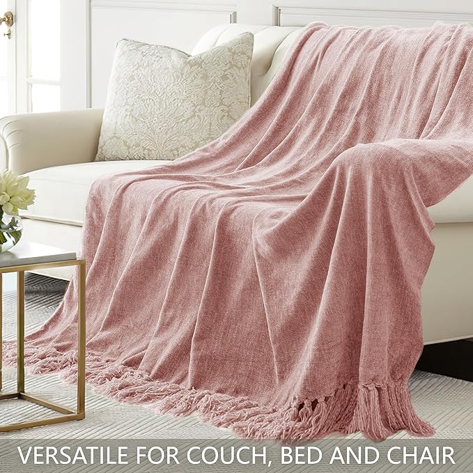 Chenille Throw Blanket for Couch 50"X 60", Soft Cozy Throws with Fringe Tassel for Bed Sofa Chair Cover, Lightweight Knitted Decorative Boho Blankets for Living Room, Dusty Pink