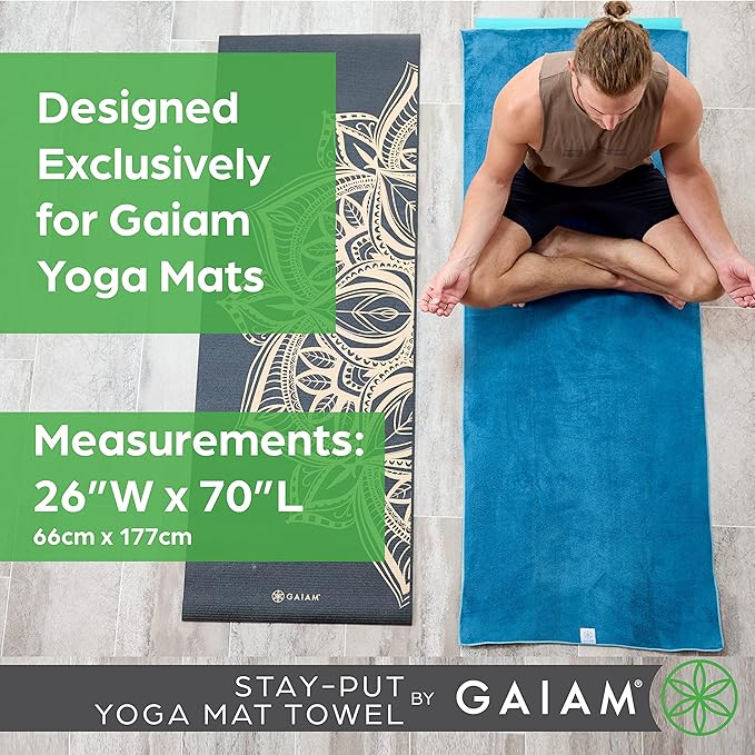 Gaiam Yoga Towel - Mat Sized Active Dry Non Slip Moisture Wicking Sweat Absorbent Microfiber Hot Yoga Towel for Women & Men | Stay-Put Corner Pockets (70" Long x 26" Wide), Grey