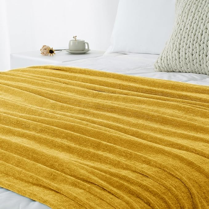 Chenille Throw Blanket for Couch 50"X 60", Soft Cozy Throws with Fringe Tassel for Bed Sofa Chair Cover, Lightweight Knitted Decorative Boho Blankets for Living Room, Yellow