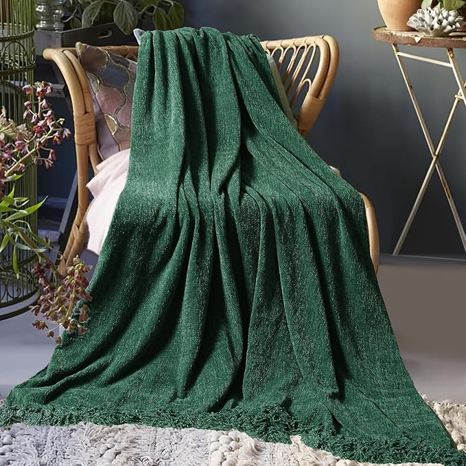 Chenille Throw Blanket for Couch 60"X 80" Twin, Soft Cozy Throws with Fringe Tassel for Bed Sofa Chair Cover, Lightweight Knitted Decorative Boho Blankets for Living Room, Dark Green