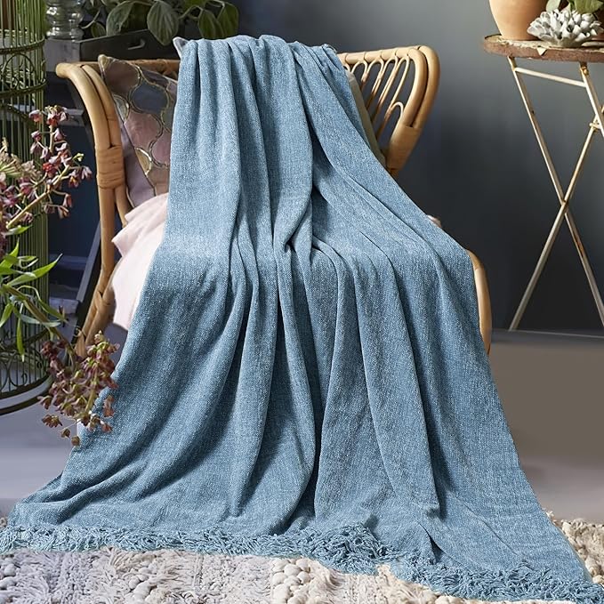 Chenille Throw Blanket for Couch 60"X 80" Twin, Soft Cozy Throws with Fringe Tassel for Bed Sofa Chair Cover, Lightweight Knitted Decorative Boho Blankets for Living Room, Dusty Blue
