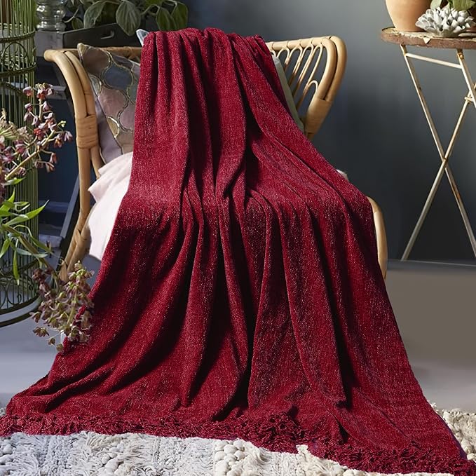 Chenille Throw Blanket for Couch 60"X 80" Twin, Soft Cozy Throws with Fringe Tassel for Bed Sofa Chair Cover, Lightweight Knitted Decorative Boho Blankets for Living Room, Red
