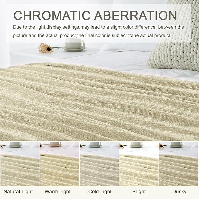 Chenille Throw Blanket for Couch 60"X 80" Twin, Soft Cozy Throws with Fringe Tassel for Bed Sofa Chair Cover, Lightweight Knitted Decorative Boho Blankets for Living Room, Light Beige