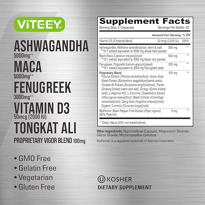Viteey Ashwagandha Maca Fenugreek Supplement with Tongkat Ali – Drive, Passion & Energy Support for Men & Women – Mood, Calm & Stress Support - 60 Capsules