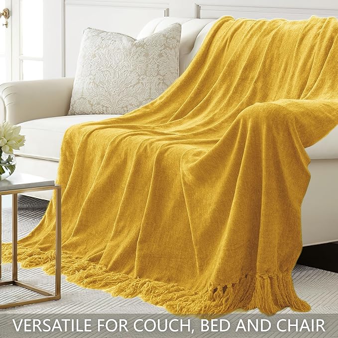 Chenille Throw Blanket for Couch 50"X 60", Soft Cozy Throws with Fringe Tassel for Bed Sofa Chair Cover, Lightweight Knitted Decorative Boho Blankets for Living Room, Yellow