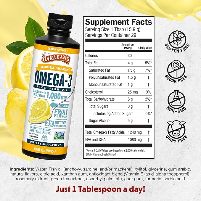 Barlean's Omega 3 Fish Oil Liquid Supplement for Men and Women, Lemon Crème, 1080mg of Omega 3 EPA and DHA Fatty Acid, 16 oz