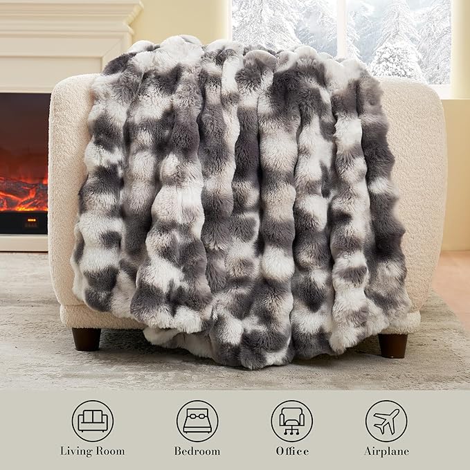 Amélie Home Faux Fur Throw Blanket for Couch, Fuzzy Soft Plush Thick Bubble Blanket for Sofa Bedroom Living Room, 60"x80" Inches, Tie-dye Grey