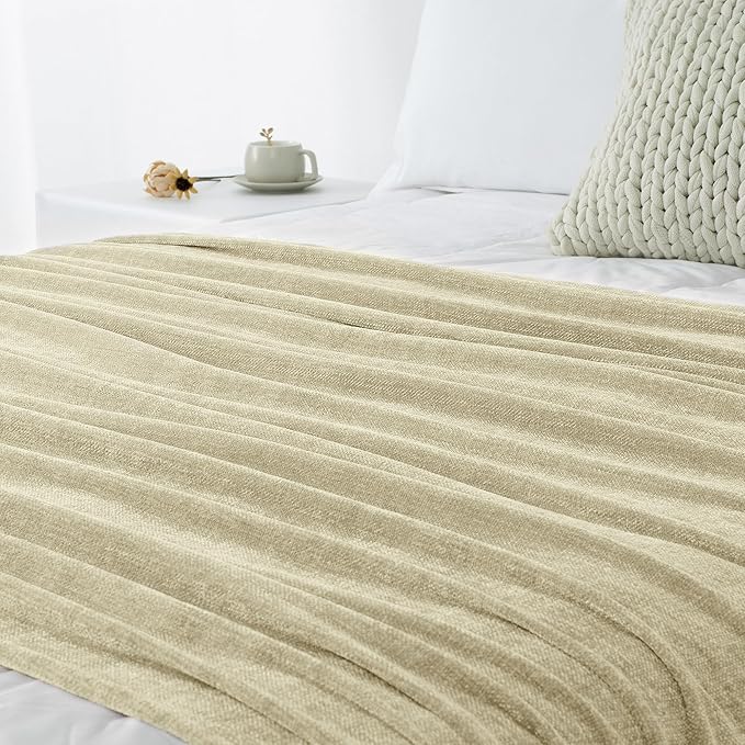 Chenille Throw Blanket for Couch 60"X 80" Twin, Soft Cozy Throws with Fringe Tassel for Bed Sofa Chair Cover, Lightweight Knitted Decorative Boho Blankets for Living Room, Light Beige